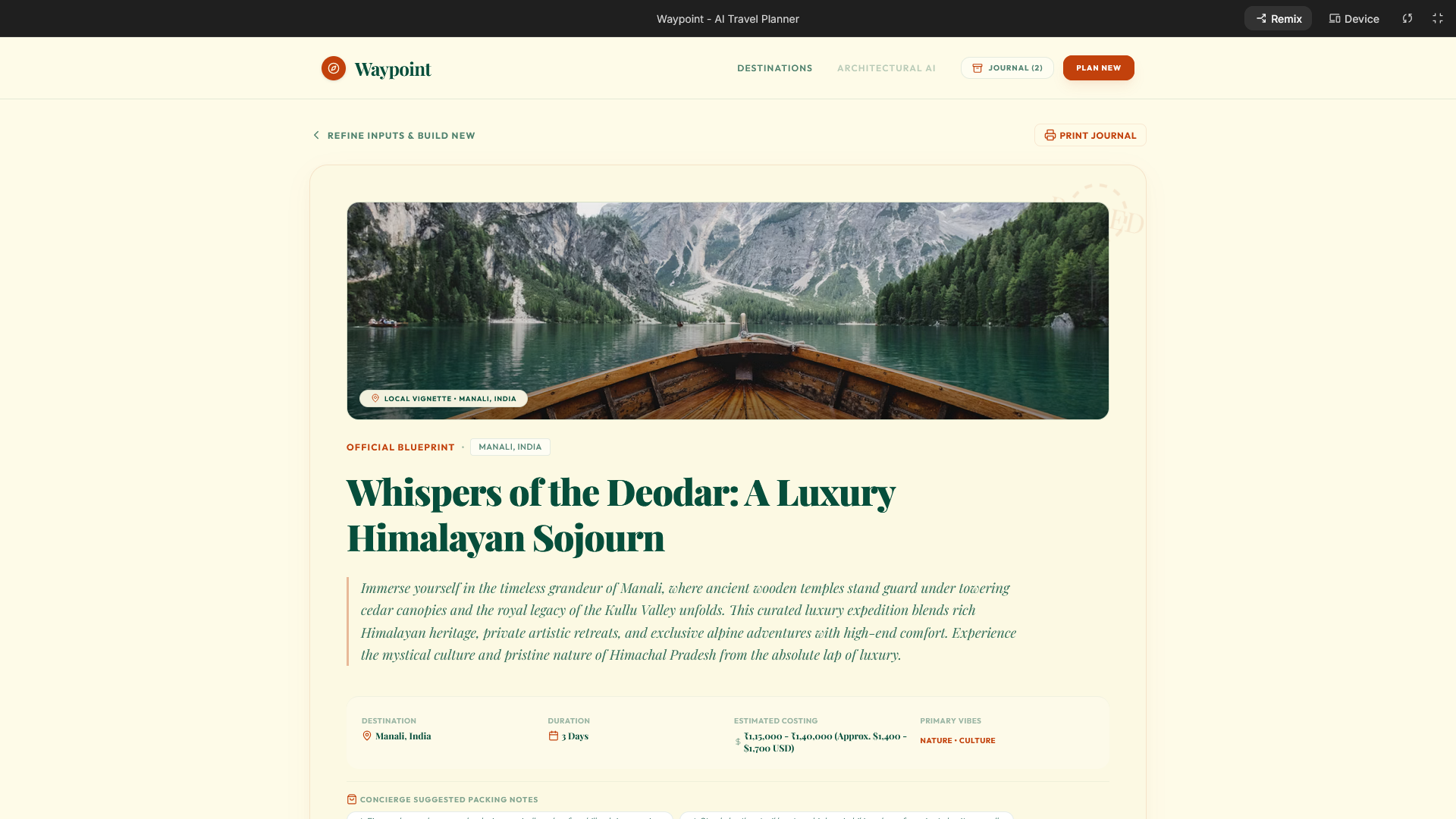 Waypoint AI — the travel itinerary app running in browser